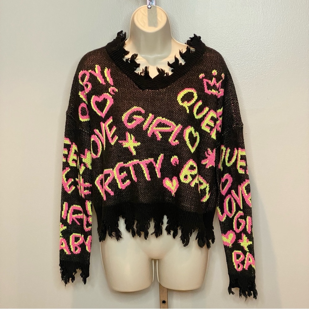 Full Circle Trends Frayed Hem Graphic Sweater-Black Pink and Yellow Accents